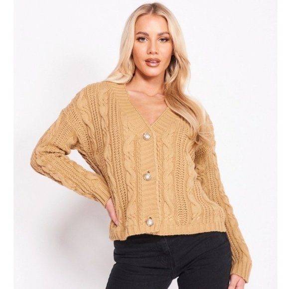 Brown Knitted Long Sleeve V-Neck Loose Fit Sweater Cardigan - Picture 2 of 8